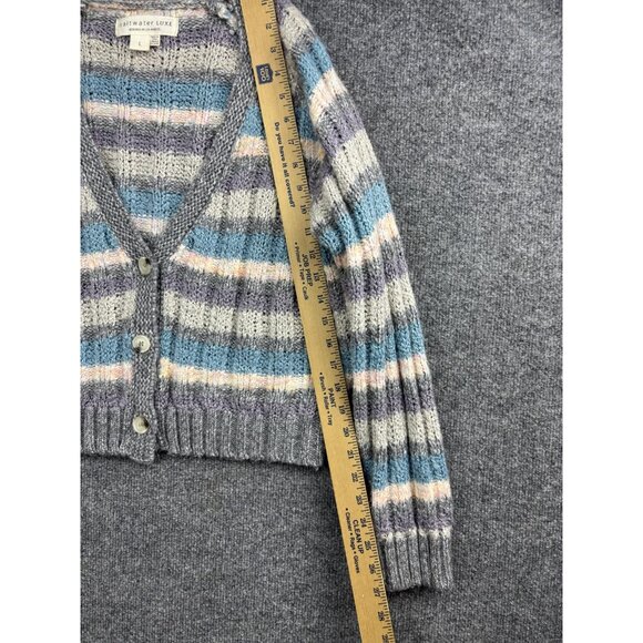 Saltwater Luxe Sweater Womens Large Gray Pastel Stripe Button Cardigan Knit - Picture 4 of 7